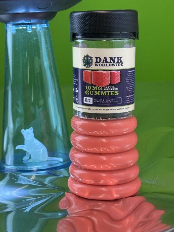 a product photo of the 10mg gummies in a container