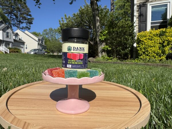 a product photo of the 10mg gummies in a container