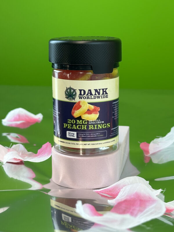 a product photo of the 20mg peach ring gummies in a container